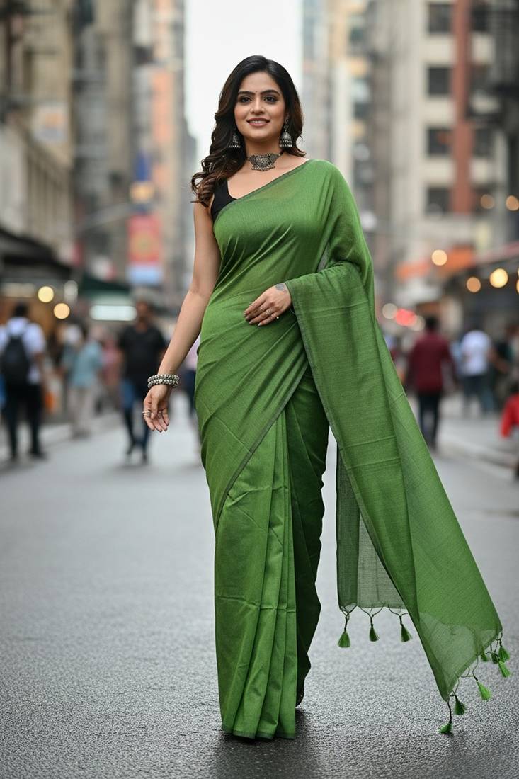 Green fancy cotton handloom saree with blouse piece for women