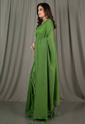 Green fancy cotton handloom saree with blouse piece for women 2