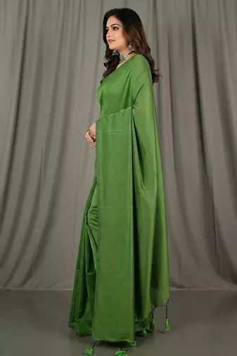 Green fancy cotton handloom saree with blouse piece for women