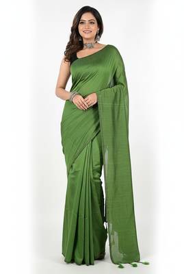 Green fancy cotton handloom saree with blouse piece for women 3