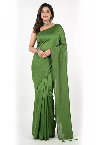 Green fancy cotton handloom saree with blouse piece for women