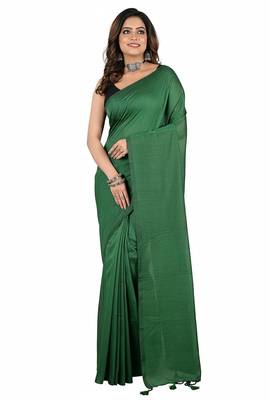 Green fancy cotton handloom saree with blouse piece for women 1
