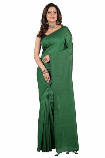 Green fancy cotton handloom saree with blouse piece for women