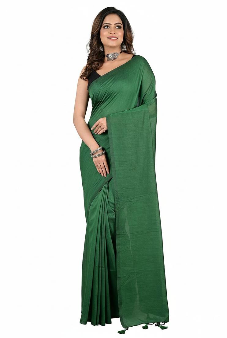 Green fancy cotton handloom saree with blouse piece for women