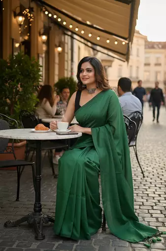 Green fancy cotton handloom saree with blouse piece for women