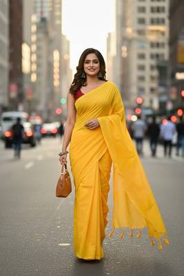 Yellow fancy cotton handloom saree with blouse piece for women 1