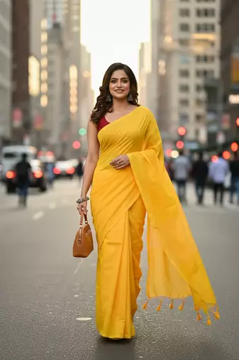Yellow fancy cotton handloom saree with blouse piece for women