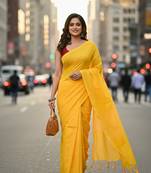 Yellow fancy cotton handloom saree with blouse piece for women