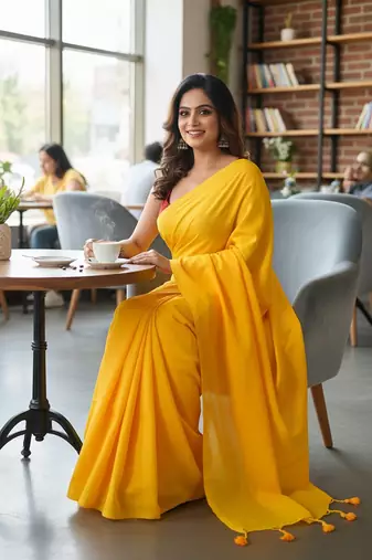 Yellow fancy cotton handloom saree with blouse piece for women