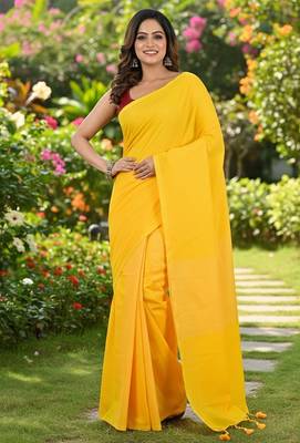 Yellow fancy cotton handloom saree with blouse piece for women 3