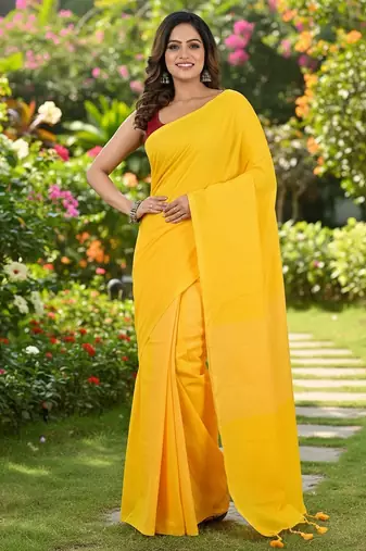 Yellow fancy cotton handloom saree with blouse piece for women