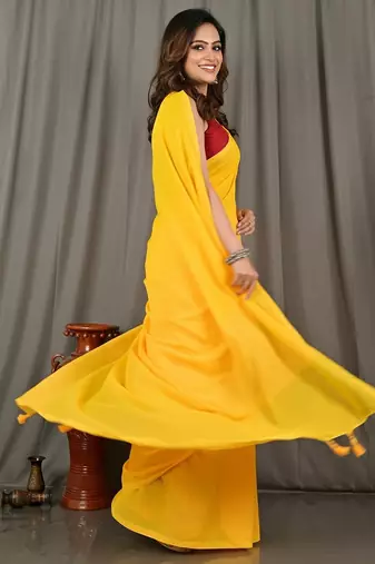 Yellow fancy cotton handloom saree with blouse piece for women