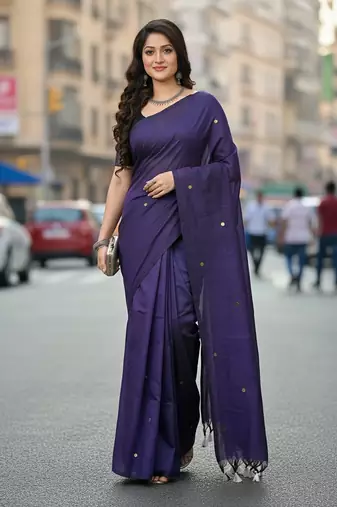 Purple fancy cotton handloom saree with blouse piece for women