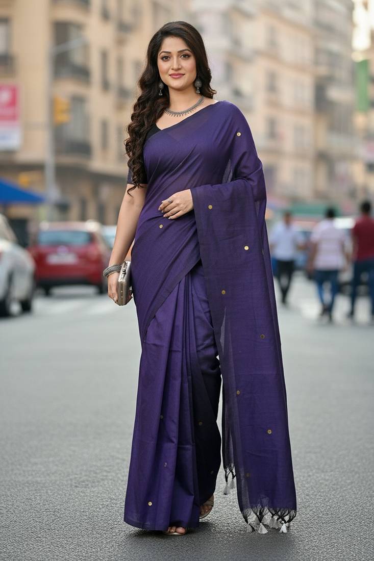 Purple fancy cotton handloom saree with blouse piece for women