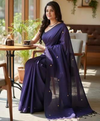 Purple fancy cotton handloom saree with blouse piece for women 2