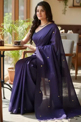 Purple fancy cotton handloom saree with blouse piece for women