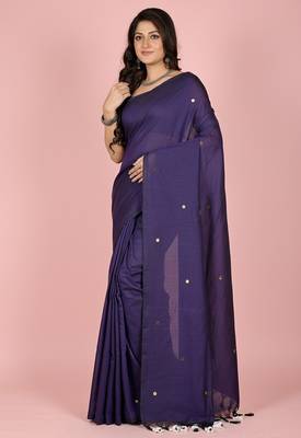 Purple fancy cotton handloom saree with blouse piece for women 3