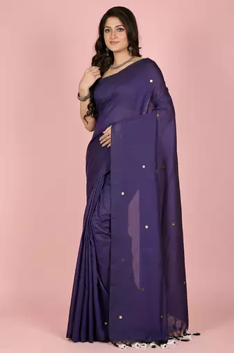 Purple fancy cotton handloom saree with blouse piece for women