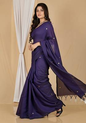 Purple fancy cotton handloom saree with blouse piece for women 4
