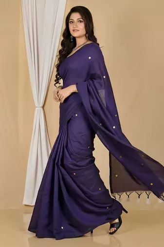 Purple fancy cotton handloom saree with blouse piece for women