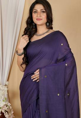 Purple fancy cotton handloom saree with blouse piece for women 5