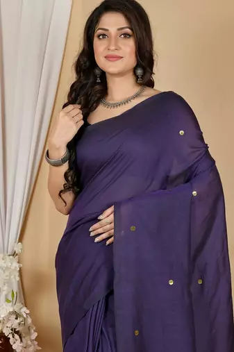 Purple fancy cotton handloom saree with blouse piece for women