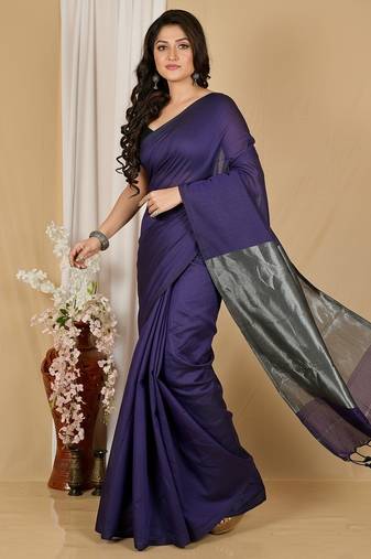 Purple fancy cotton handloom saree with blouse piece for women