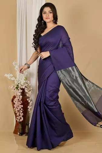 Purple fancy cotton handloom saree with blouse piece for women