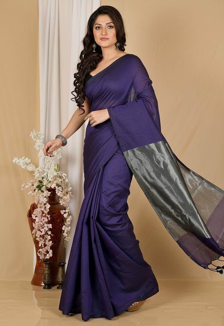 Purple fancy cotton handloom saree with blouse piece for women