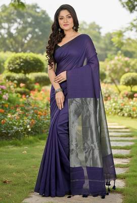 Purple fancy cotton handloom saree with blouse piece for women 2