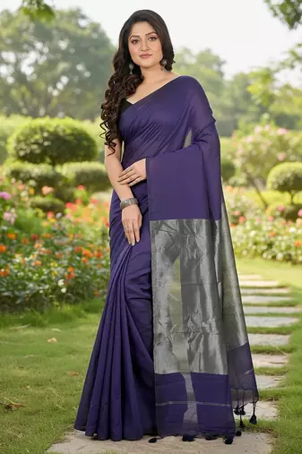 Purple fancy cotton handloom saree with blouse piece for women