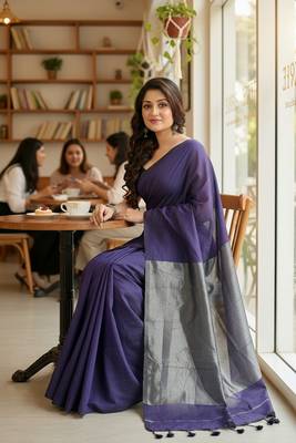 Purple fancy cotton handloom saree with blouse piece for women 3