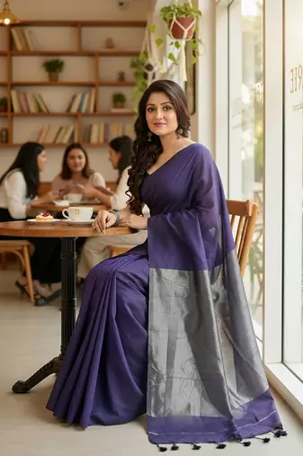 Purple fancy cotton handloom saree with blouse piece for women
