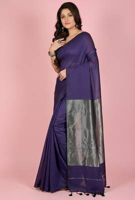 Purple fancy cotton handloom saree with blouse piece for women 4