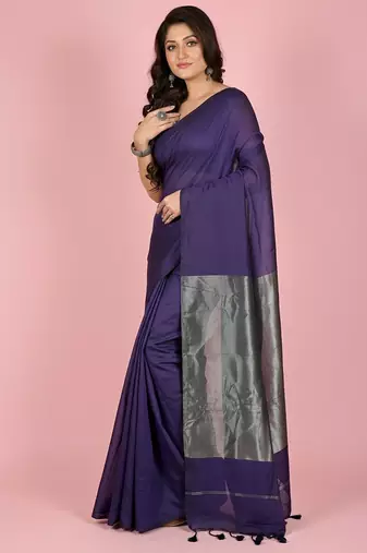 Purple fancy cotton handloom saree with blouse piece for women