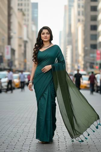 Pista fancy cotton handloom saree with blouse piece for women