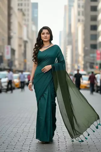 Pista fancy cotton handloom saree with blouse piece for women