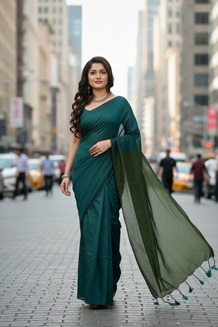 Pista fancy cotton handloom saree with blouse piece for women