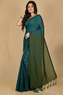 Pista fancy cotton handloom saree with blouse piece for women 2