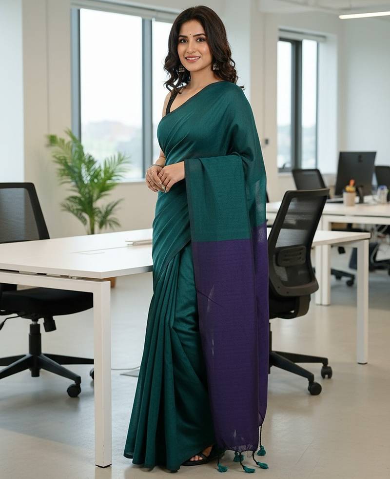 Violet fancy cotton handloom saree with blouse piece for women