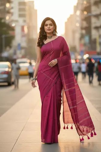 Pink fancy cotton handloom saree with blouse piece for women