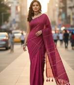 Pink fancy cotton handloom saree with blouse piece for women