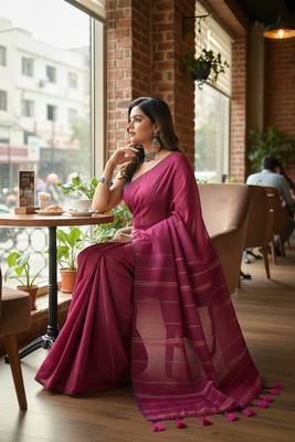 Pink fancy cotton handloom saree with blouse piece for women 2