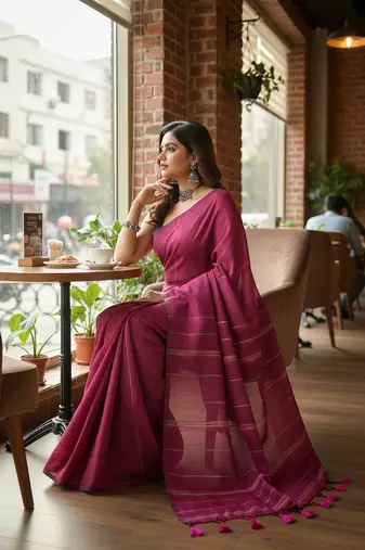 Pink fancy cotton handloom saree with blouse piece for women