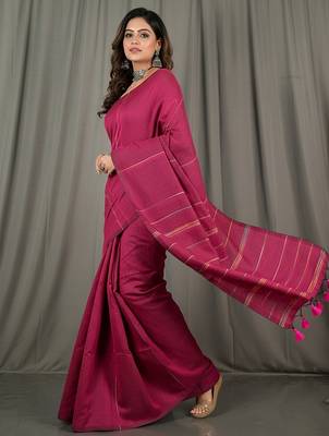 Pink fancy cotton handloom saree with blouse piece for women 3