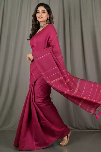 Pink fancy cotton handloom saree with blouse piece for women