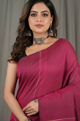 Pink fancy cotton handloom saree with blouse piece for women
