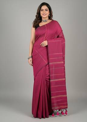 Pink fancy cotton handloom saree with blouse piece for women 5