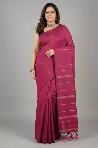 Pink fancy cotton handloom saree with blouse piece for women