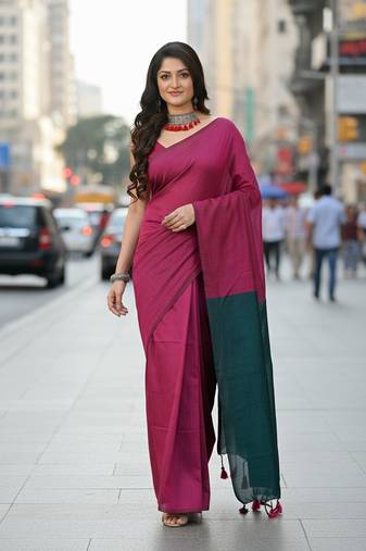 Pink fancy cotton handloom saree with blouse piece for women